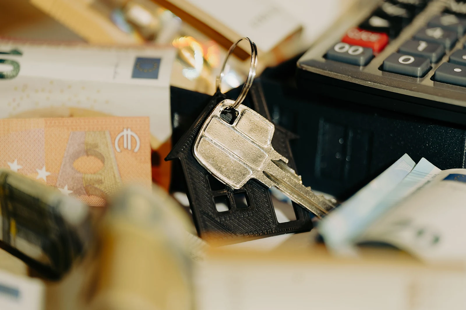 House keys, a calculator and funds representing investment-property financing